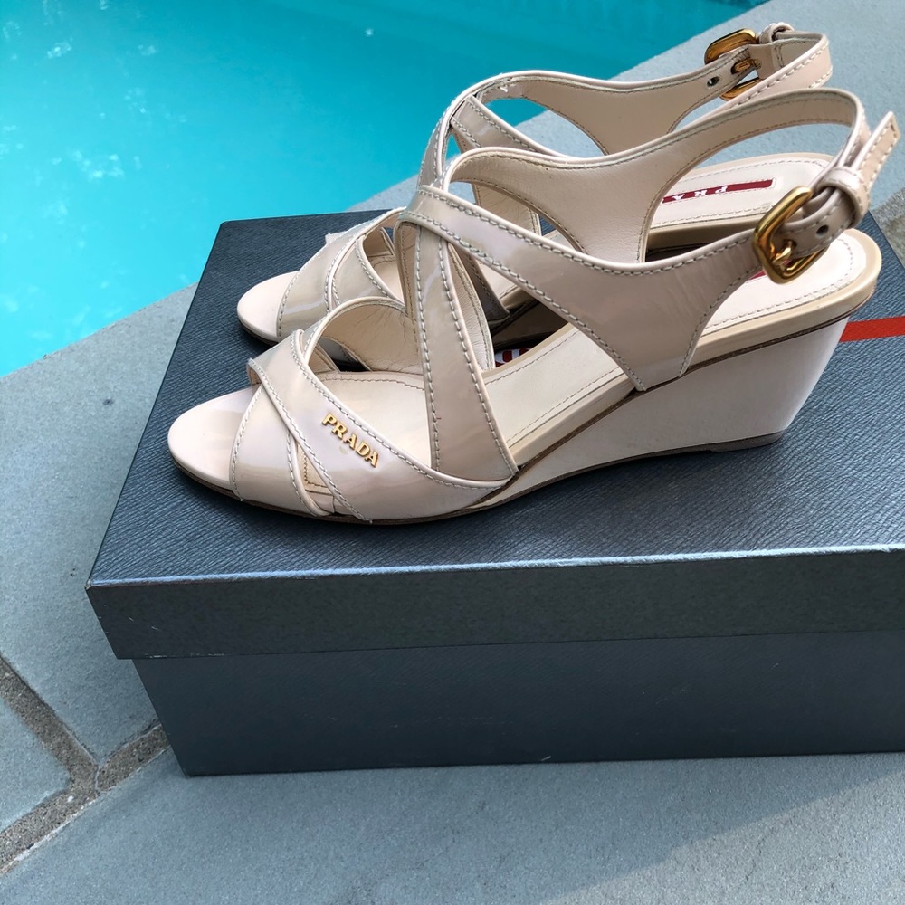 Prada Logo Strappy Low Wedge Sandals Sz 37.5 - Picture 8 of 10